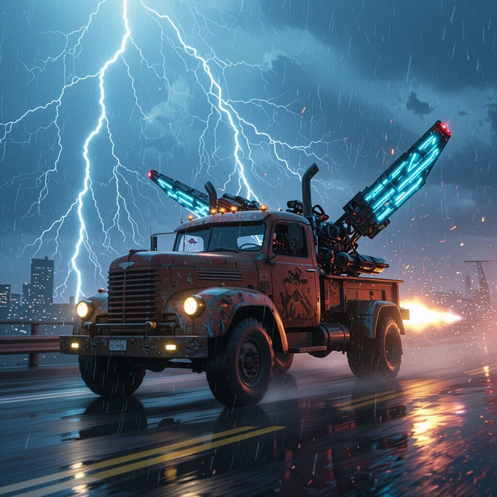 Cyberpunk Truck Transforms and Ascends in Electric Storm