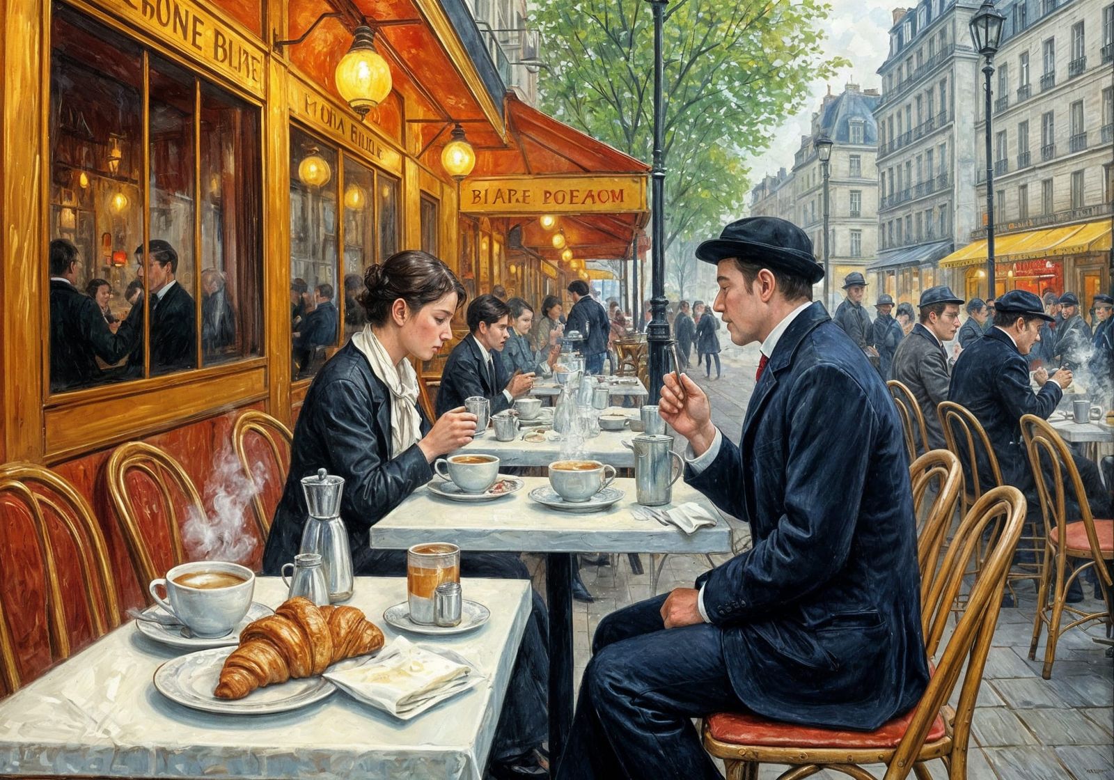 Parisian Cafe Breakfast Scene in Impressionistic Style