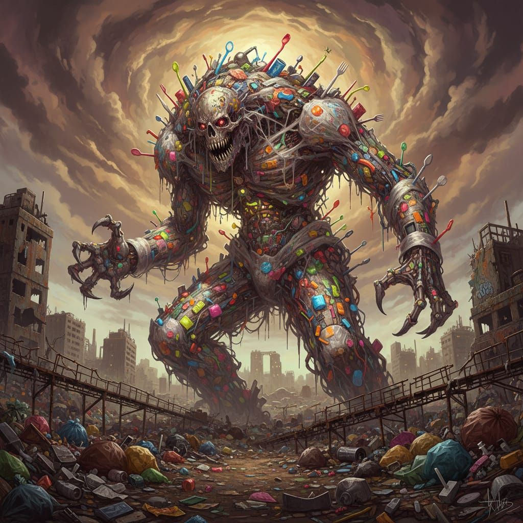 Grotesque Trash Monster in Gothic City Dump
