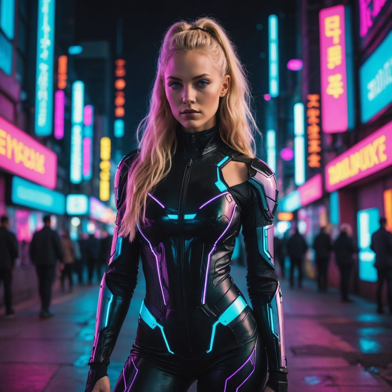 Blonde Woman in Neon Cyberpunk City