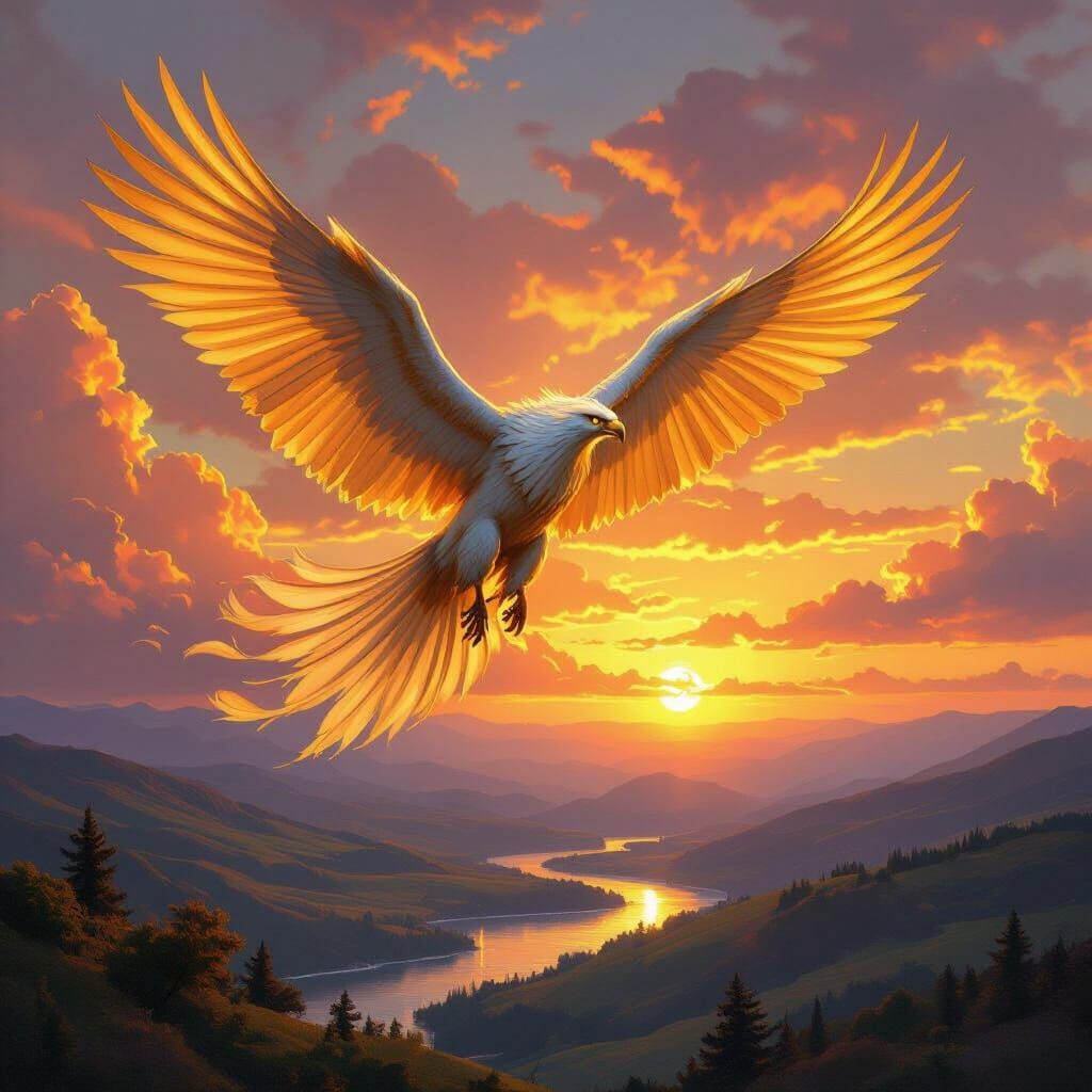 Griffin Soaring Through Sunset Sky in Romantic Style