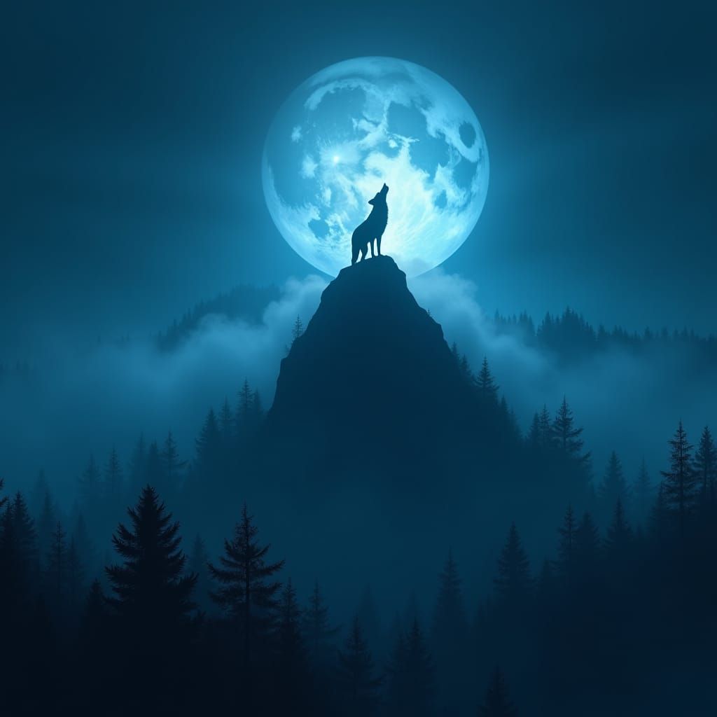 Wolf Howling at Electric Blue Moon