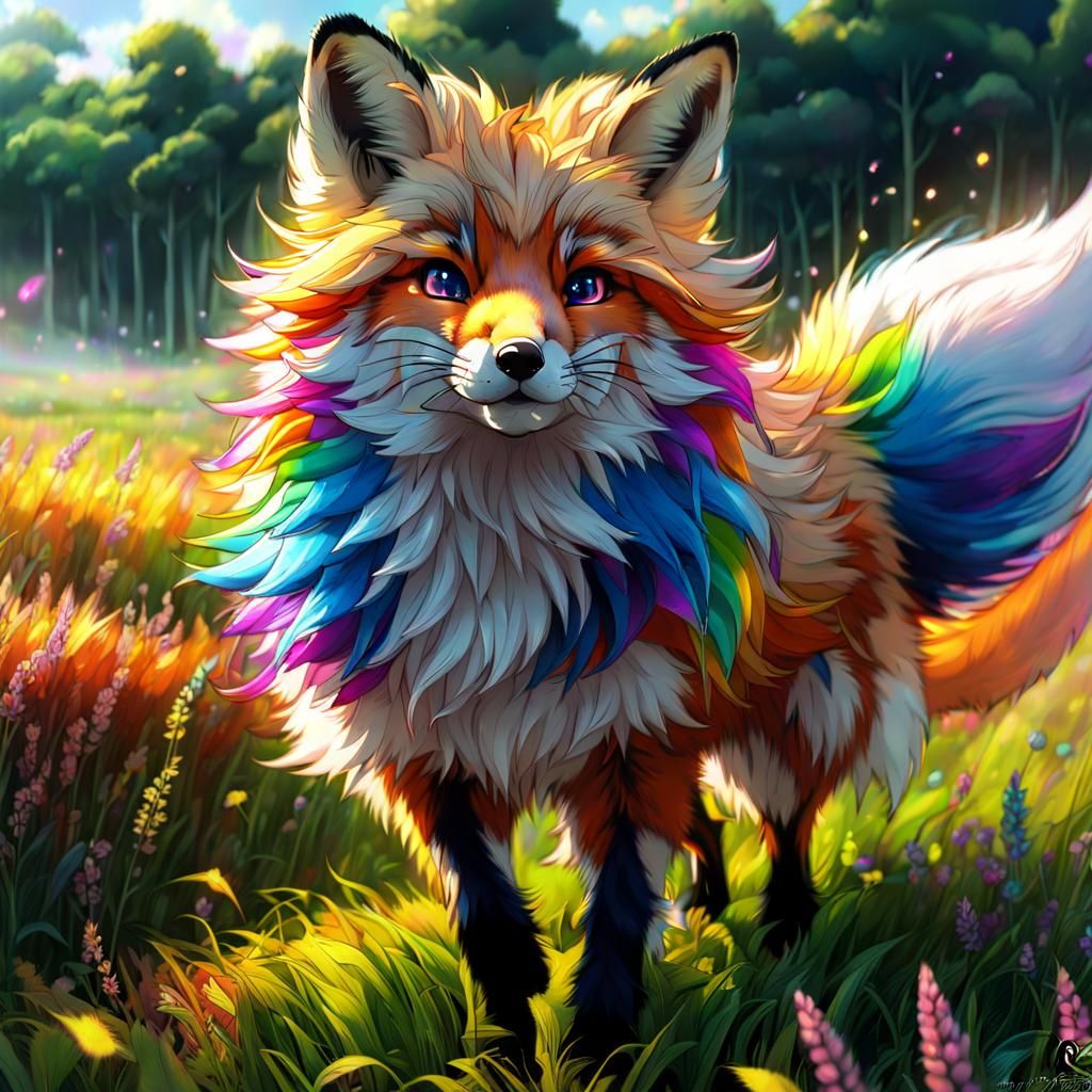 Rainbow Anime Fox Prancing: Hyperdetailed Artstation Portrai...