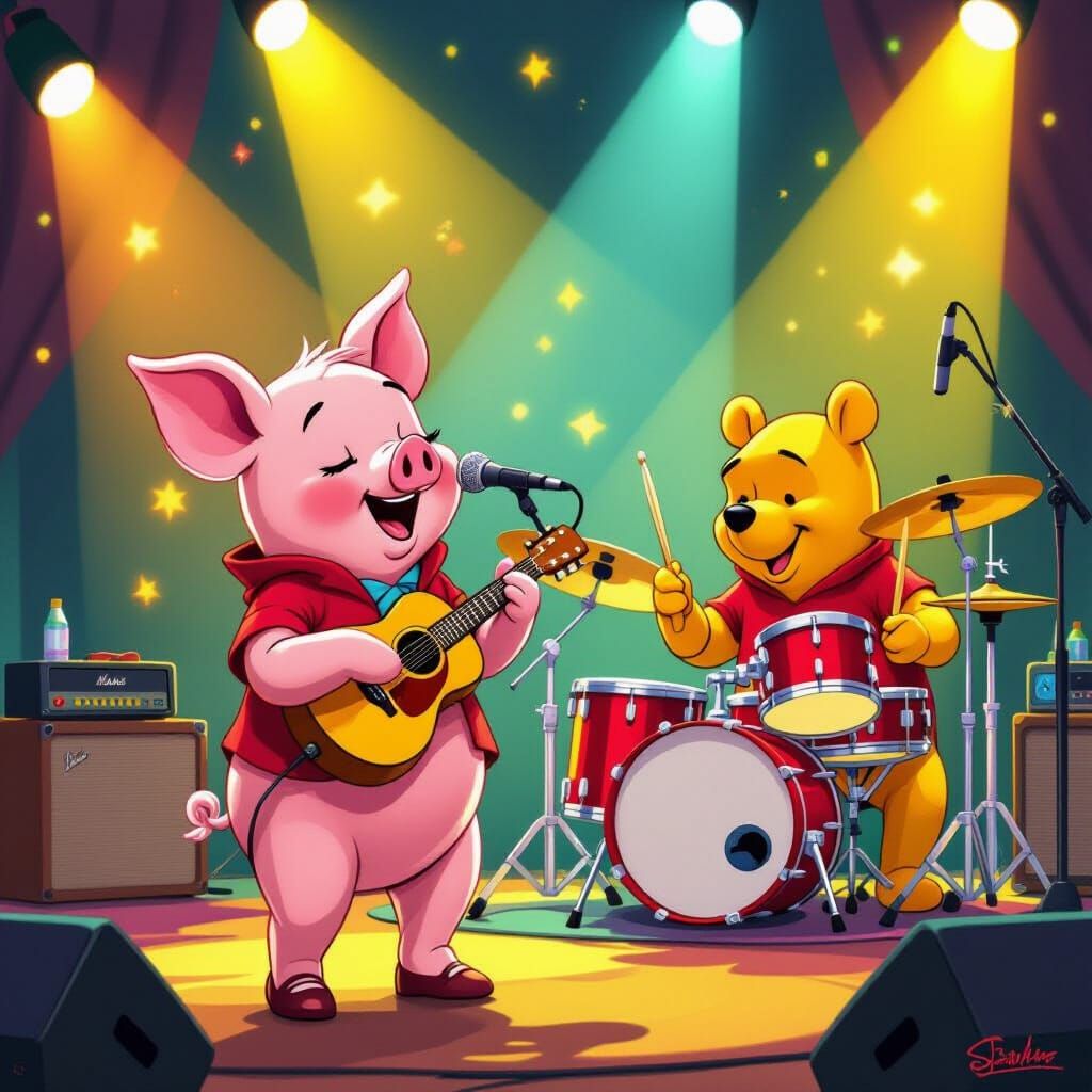 Piglet's Neon Stage Debut: Winnie on Drums