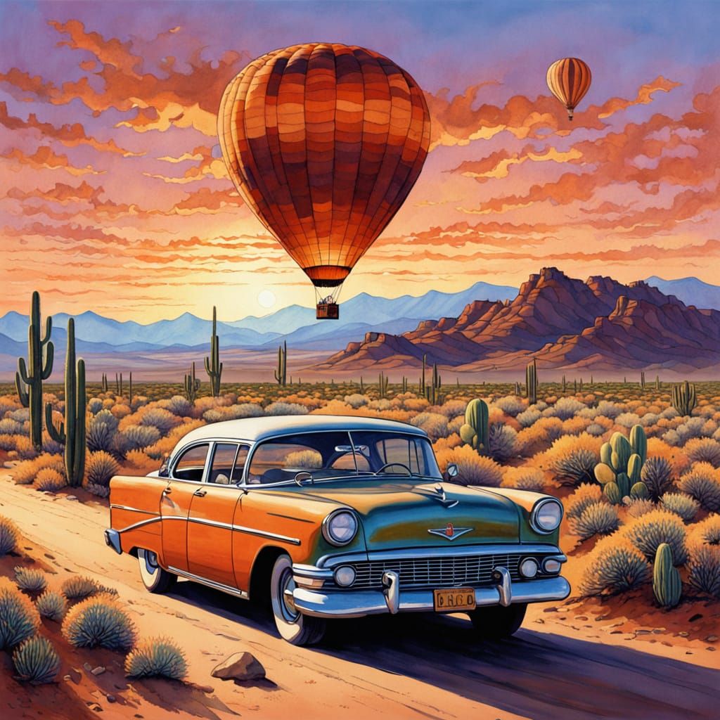 An epic, cinematic desert scene along historic Route 66 at m...