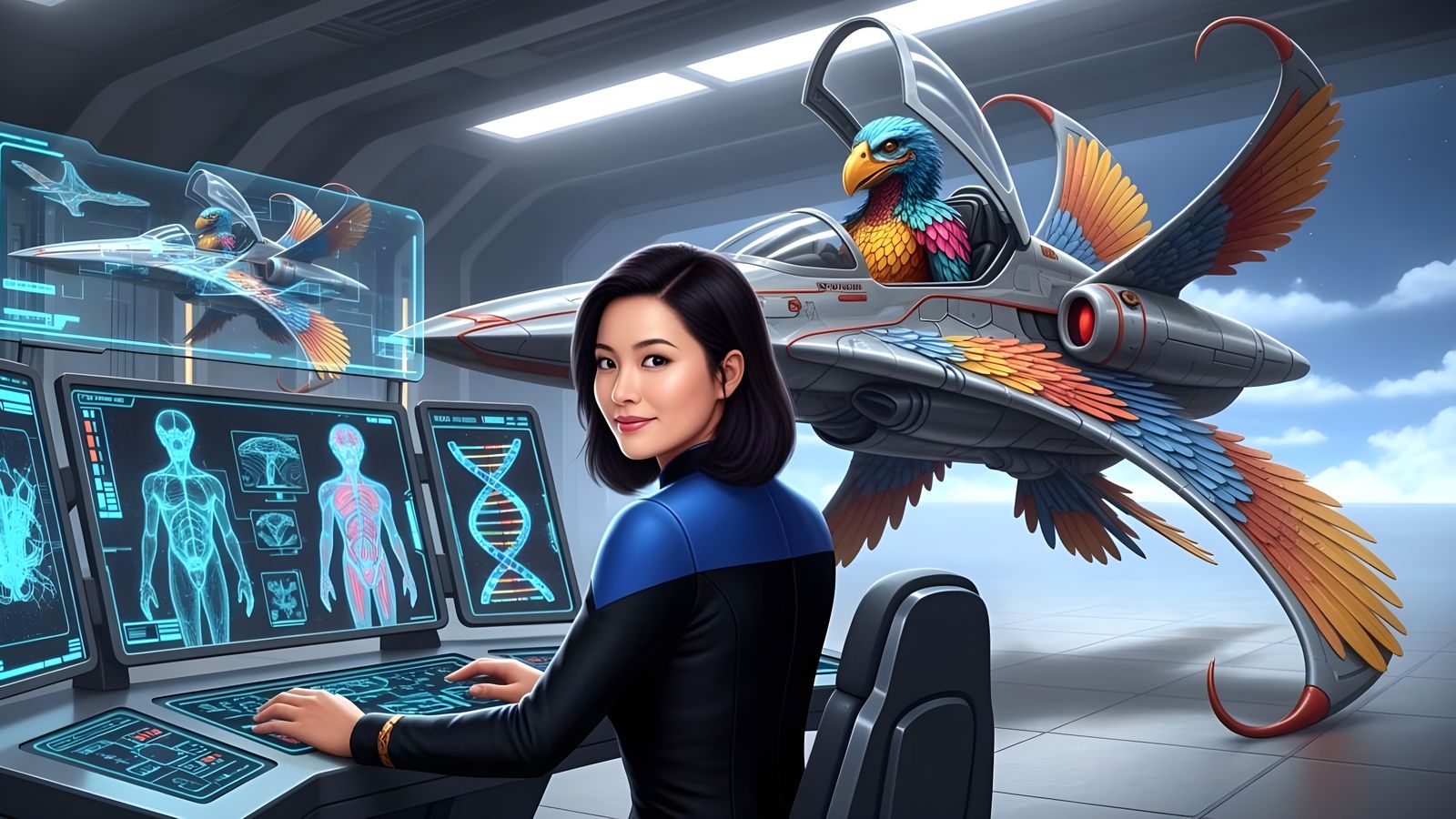 Starfleet Officer Analyzes Alien Starfighter and Pilot