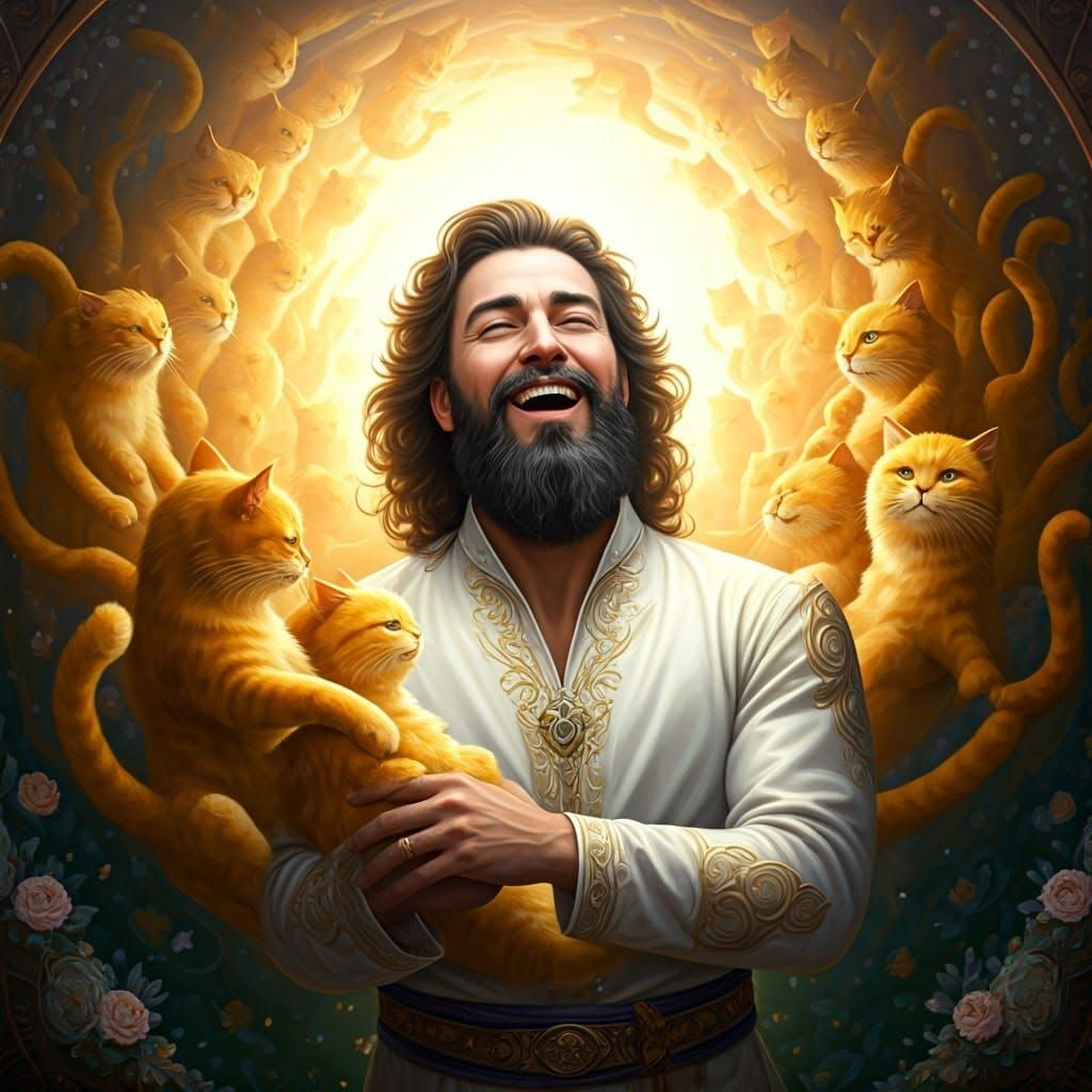 Bearded Gentleman Enchanted by Yellow Tabitha Cats in Whimsi...