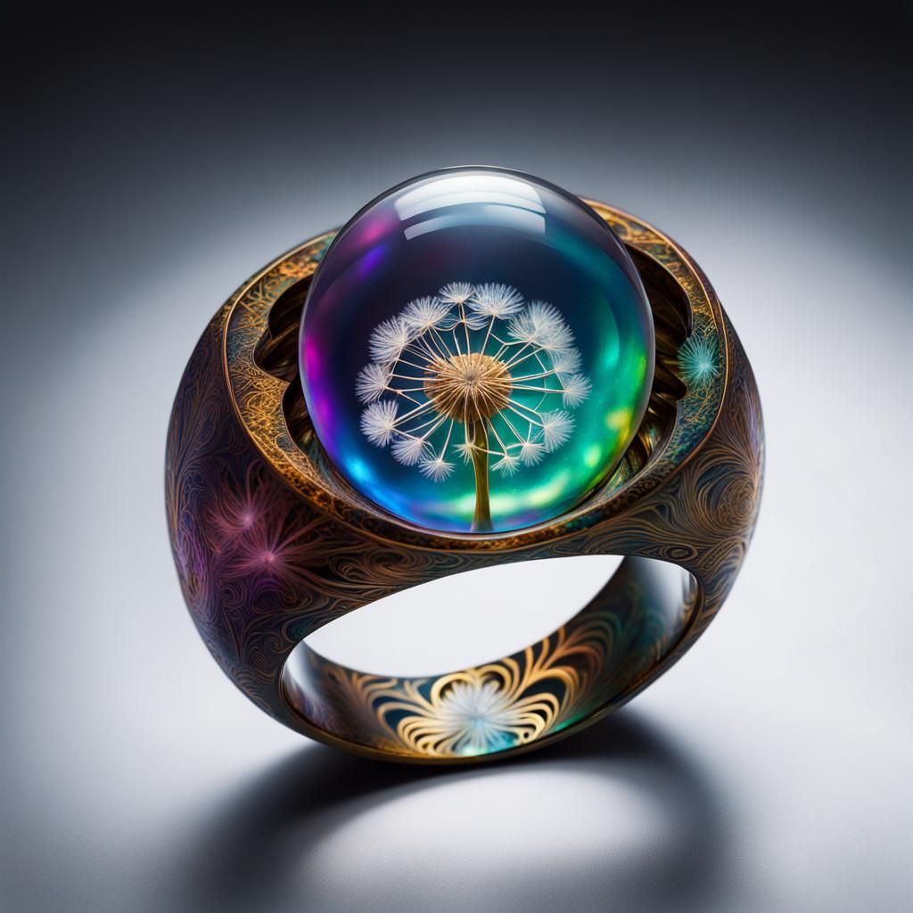 Iridescent Resin Dandelion Ring with Universe Inside