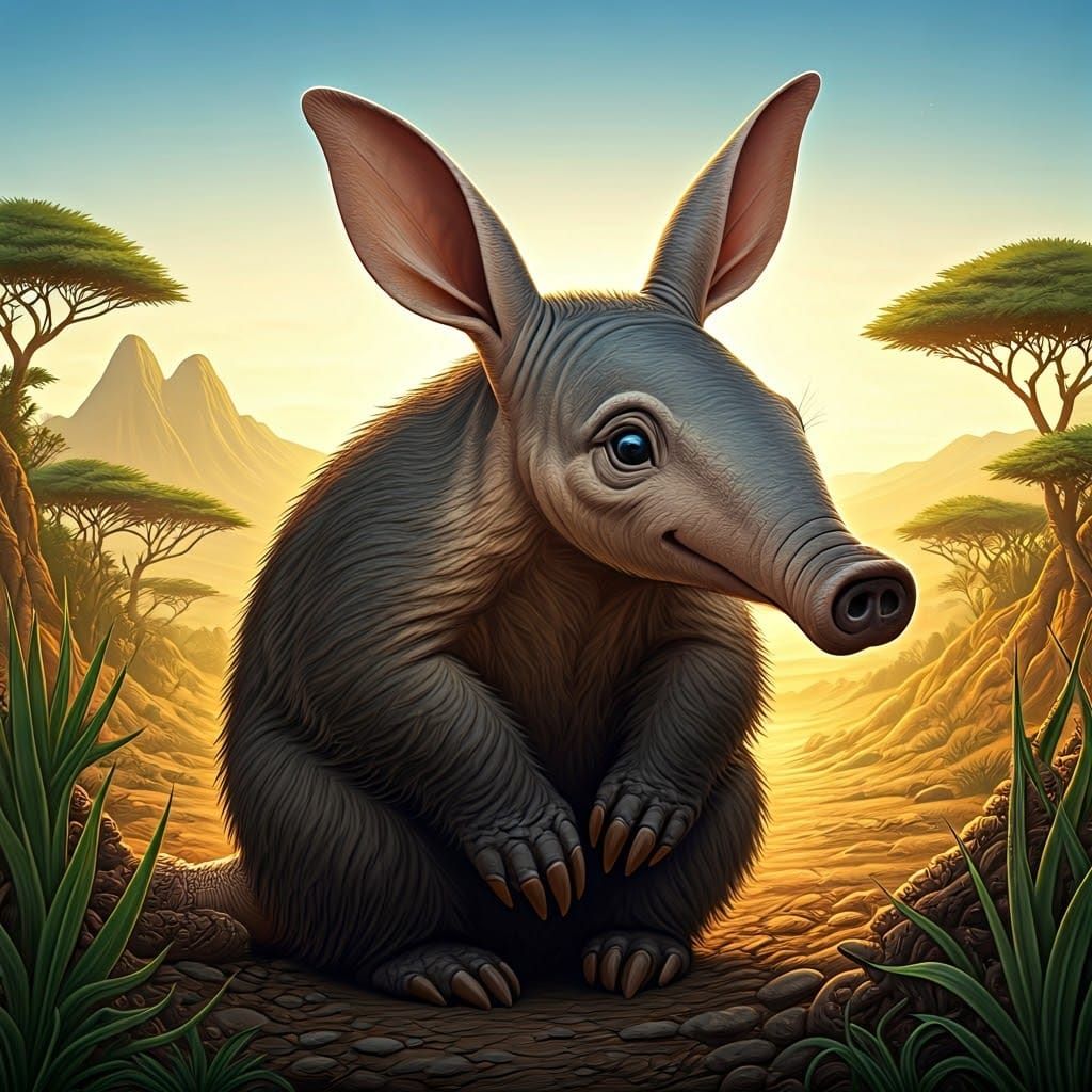 Aardvark in Vintage-Inspired African Landscape Illustration