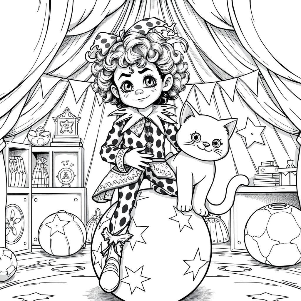 Whimsical Harlequin Child on a Starry Ball