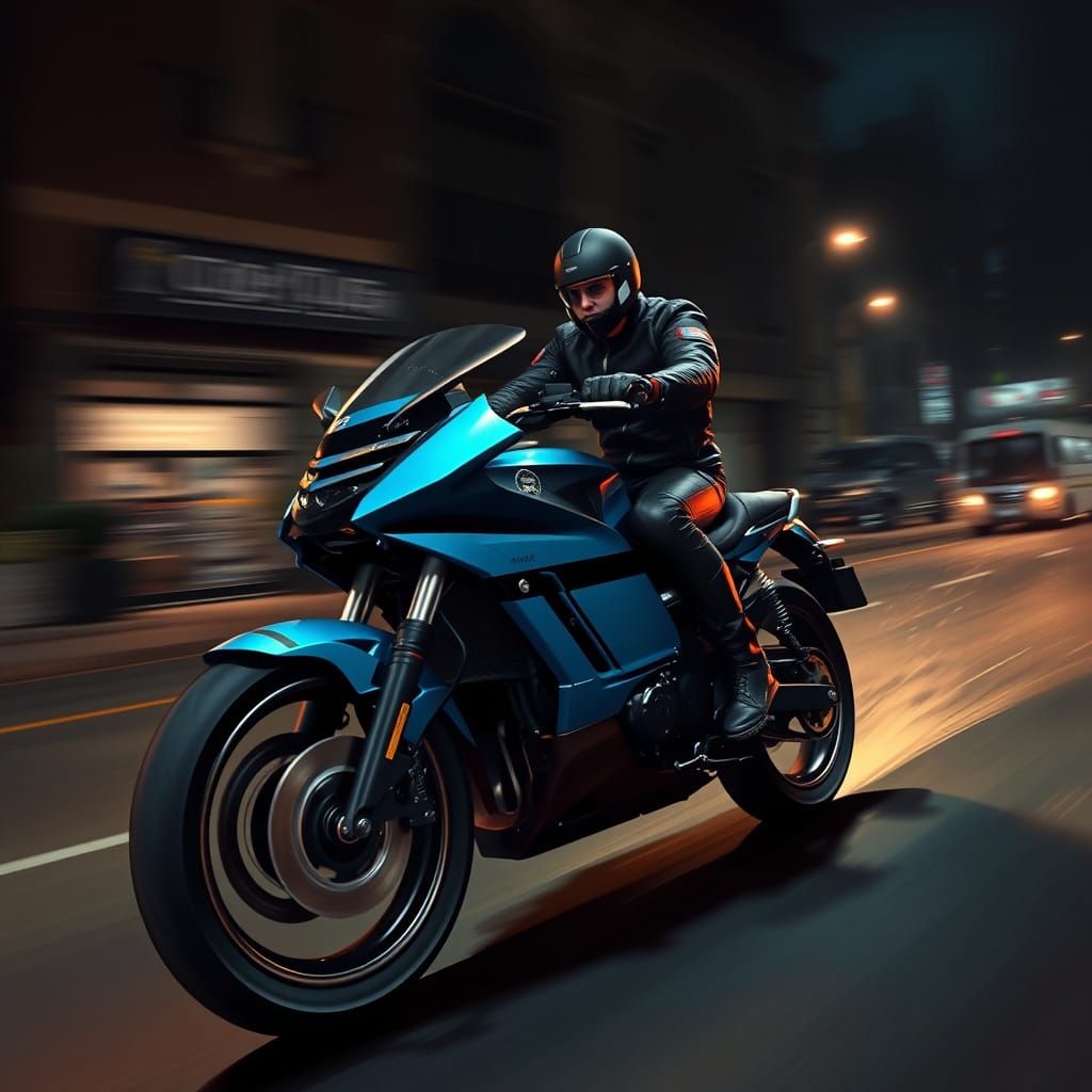 Futuristic Motorcyclist Speeding Through Dark City Streets