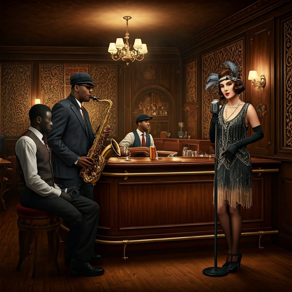Jazz band with a beautiful lady in a flapper dress and feathered headpiece...