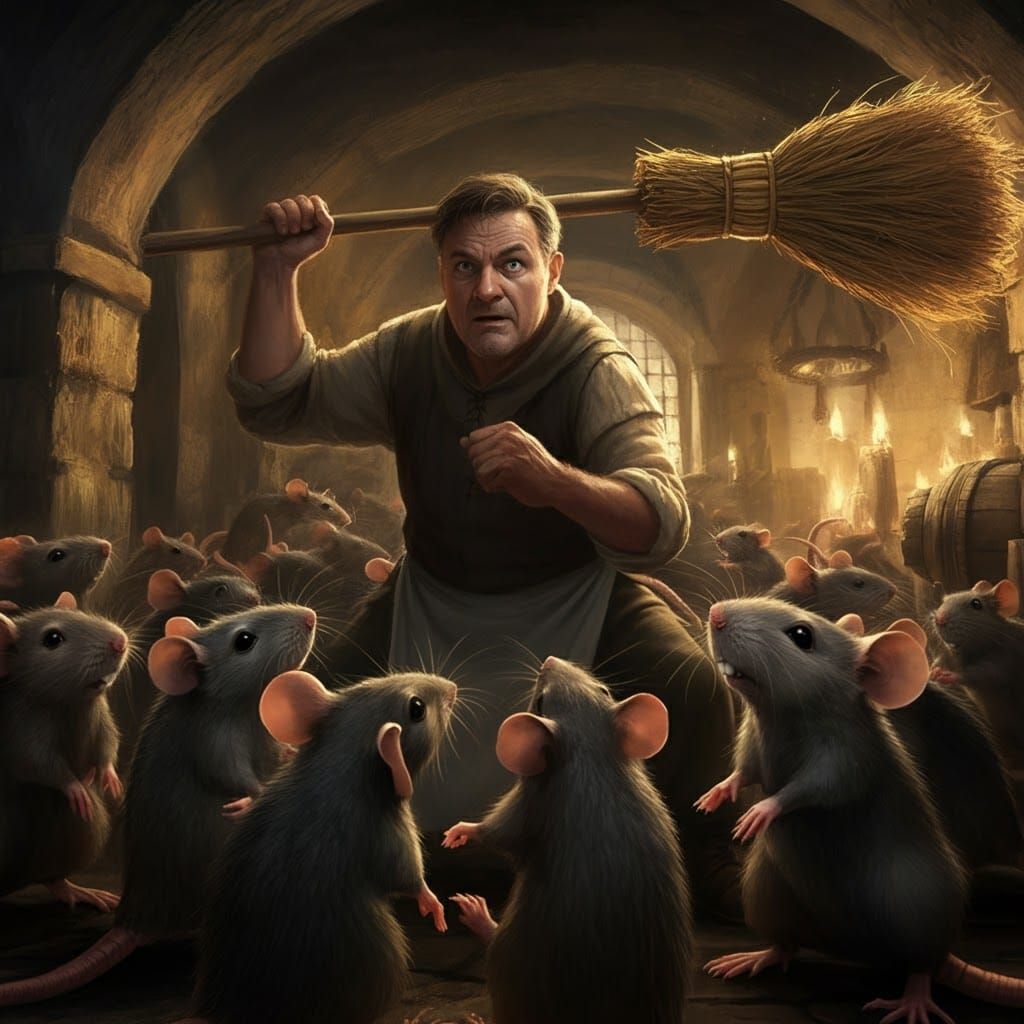 Medieval Innkeeper Confronts Giant Rats in Tavern Cellar