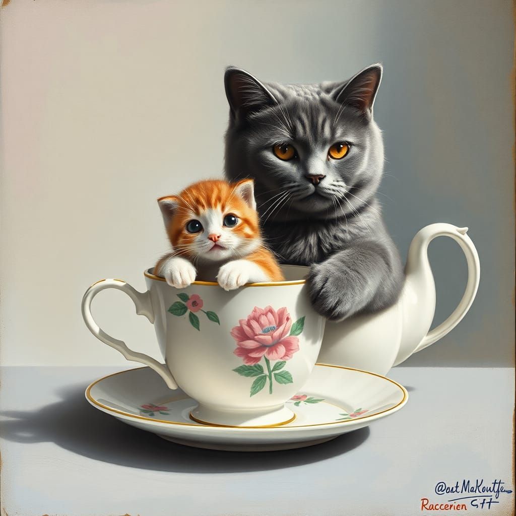 Cats in Teacups: Whimsical Surrealist Scene