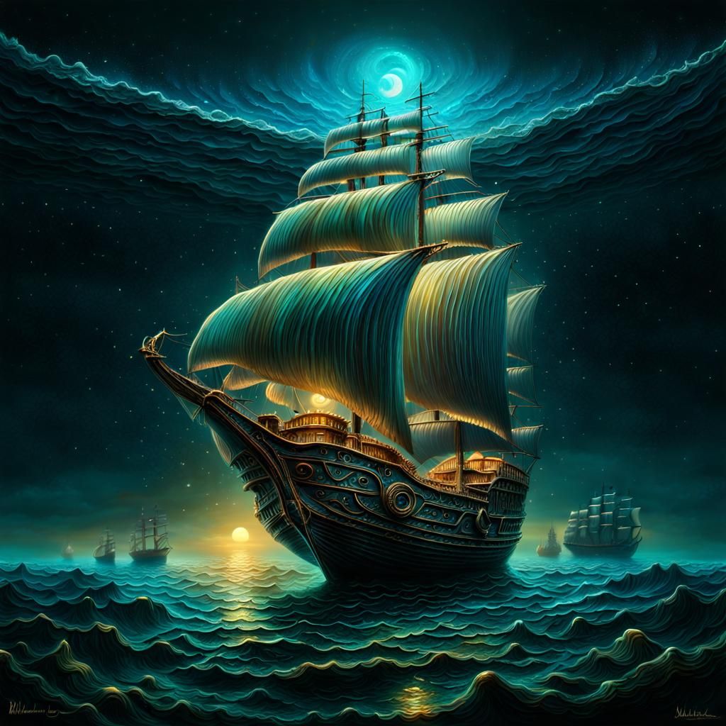 Bioluminescent Shell Reveals Gold Sailboat