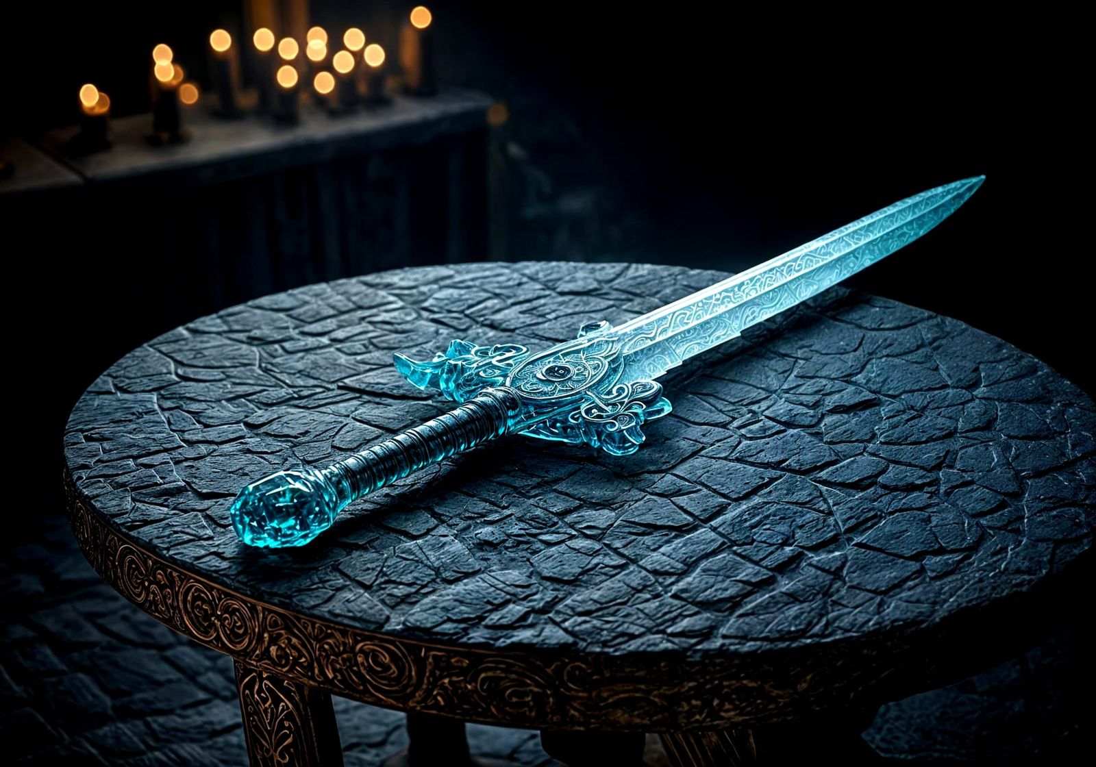 Ancient Transparent Mythical Sword with Intricate Engravings