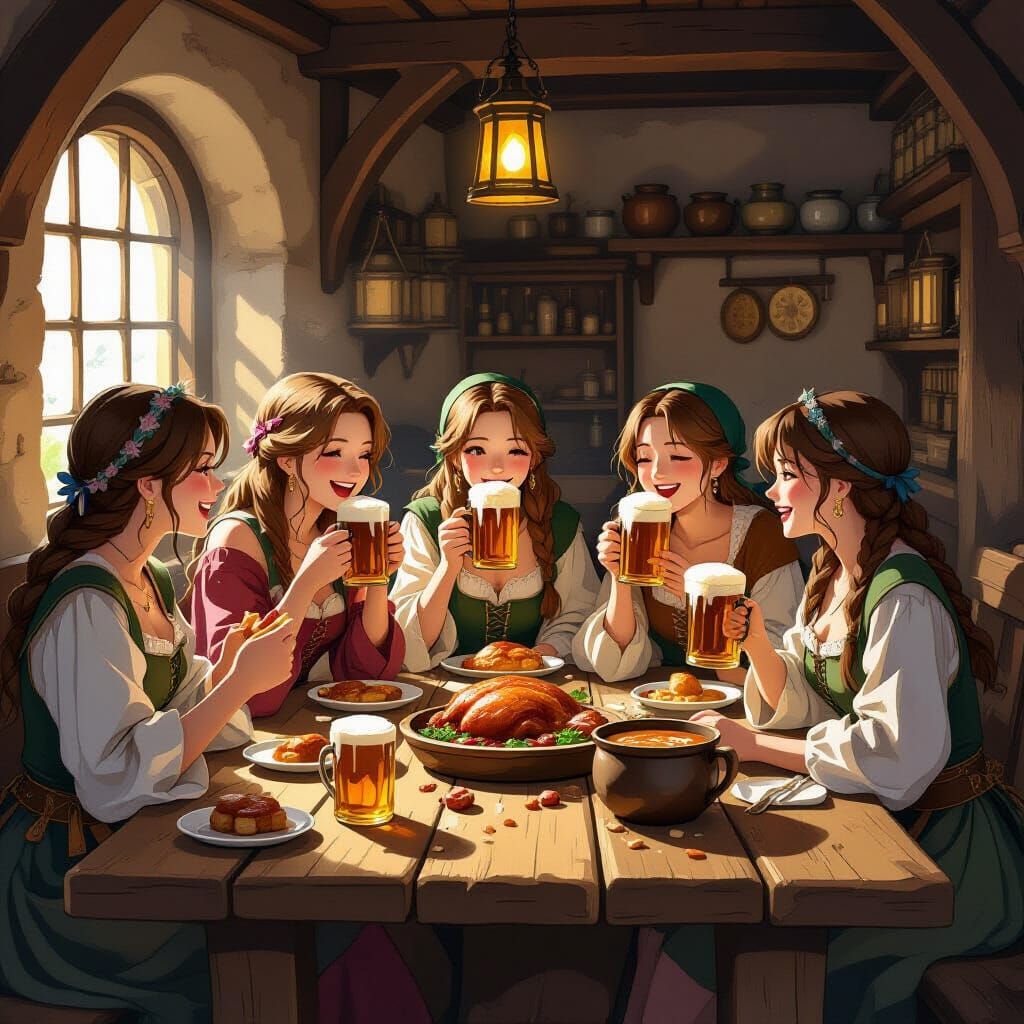 Medieval Tavern Scene: Women Laughing Over Food and Drink