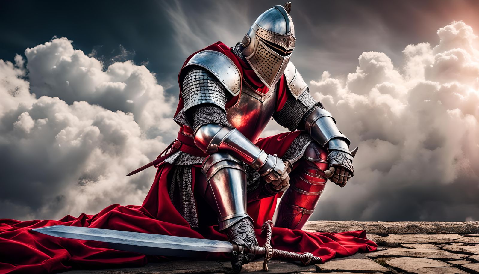 Metallic Knight Kneeling Beside Sword in Red Armor