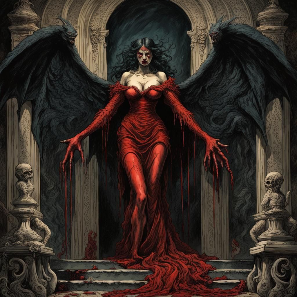 Demonic Woman with Bloody Wings Illustration