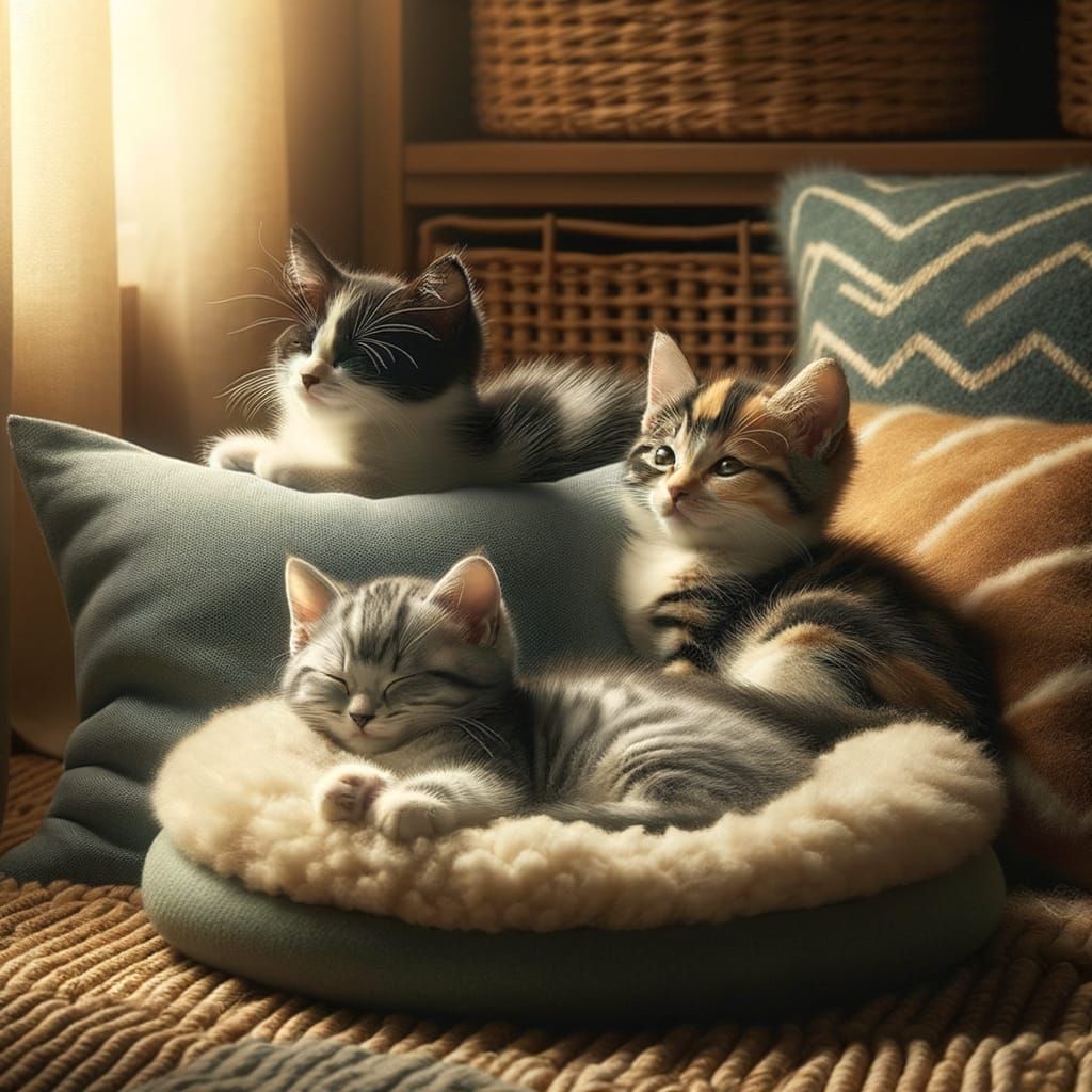 Three Adorable Kittens Resting Peacefully Indoors