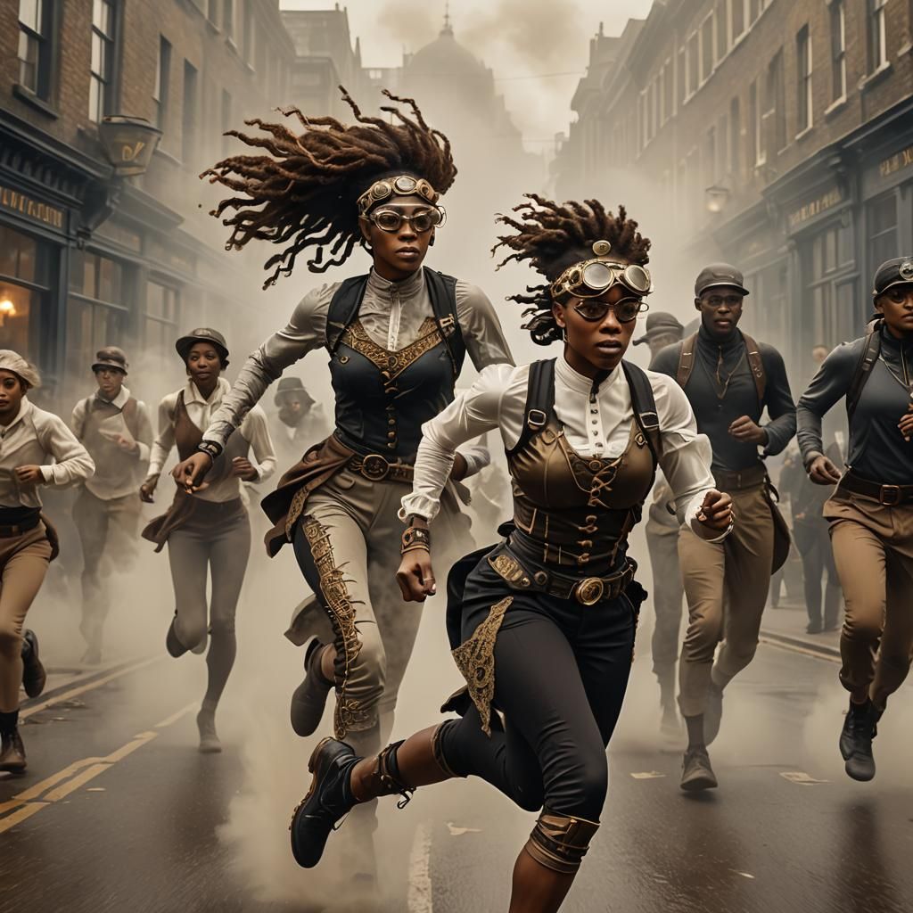 Steampunk Marathon Runner in Foggy London Street