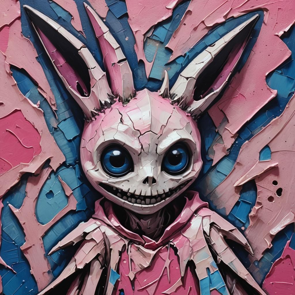 Demonic Porcelain Mimikyu Portrait in Gouache Style