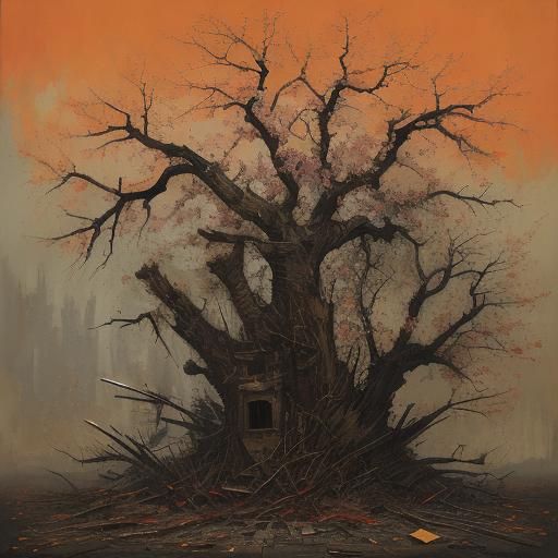 Cherry Blossoms on Battlefield in Expressionist Oil Painting