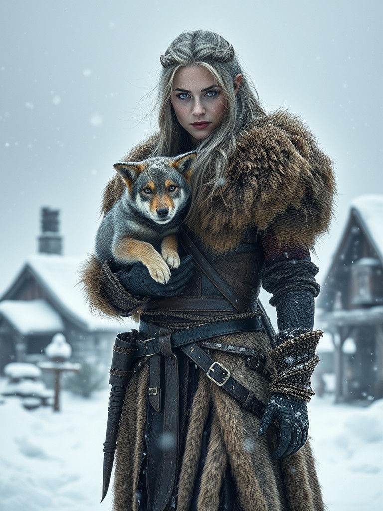 Elven Warrior Woman in Snowstorm