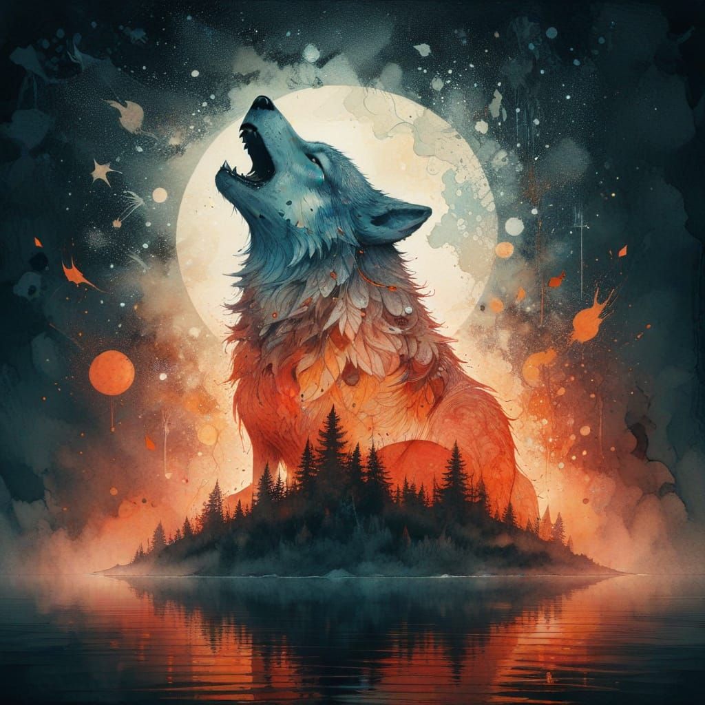 Whimsical Watercolor Wolf in Vibrant Red and Tangerine