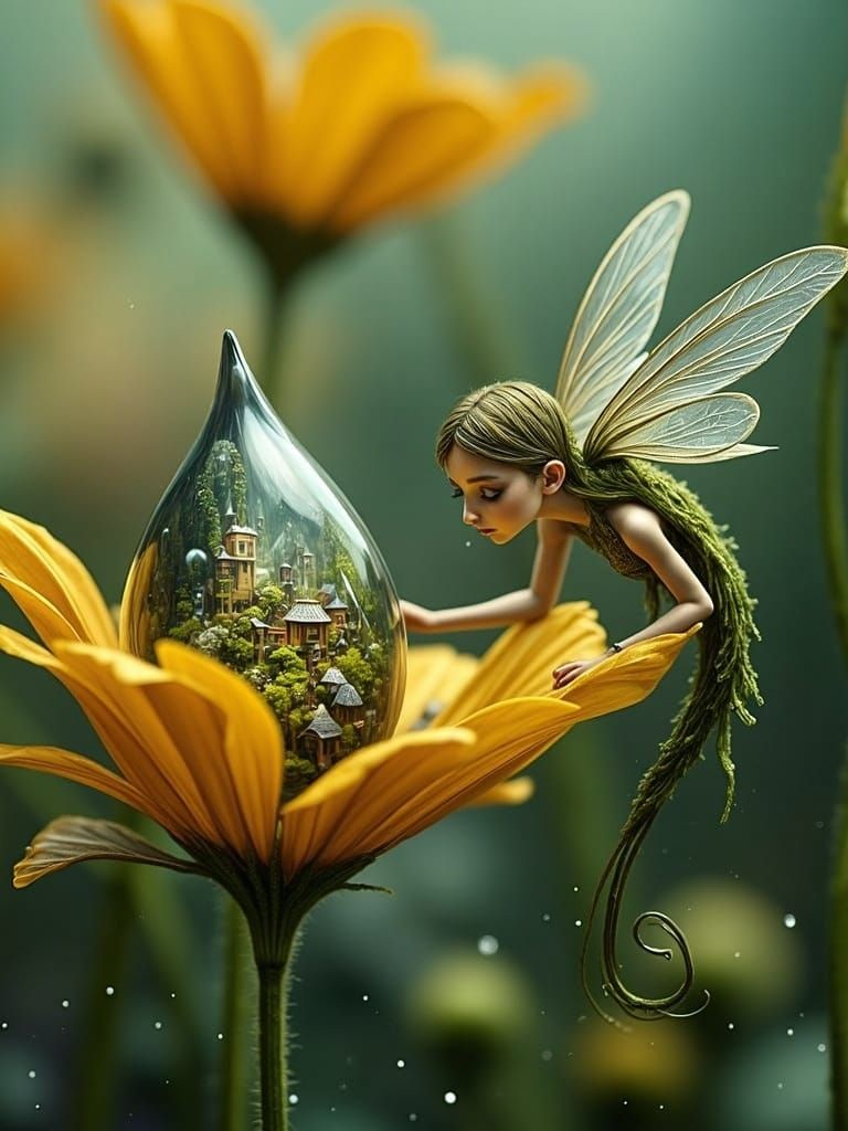 Fairy Gazing into Dewdrop Village, Hyperrealistic Art