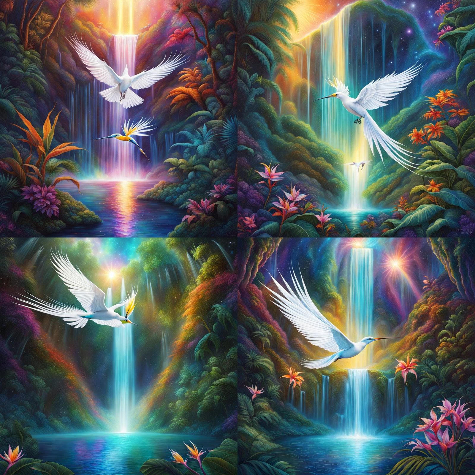 Bird of Paradise Flying Over Luminous Waterfall