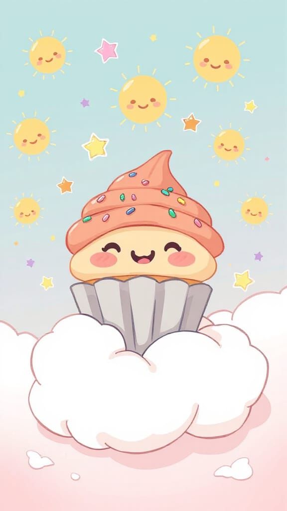 Kawaii Cupcake on Cloud with Rainbow Stars