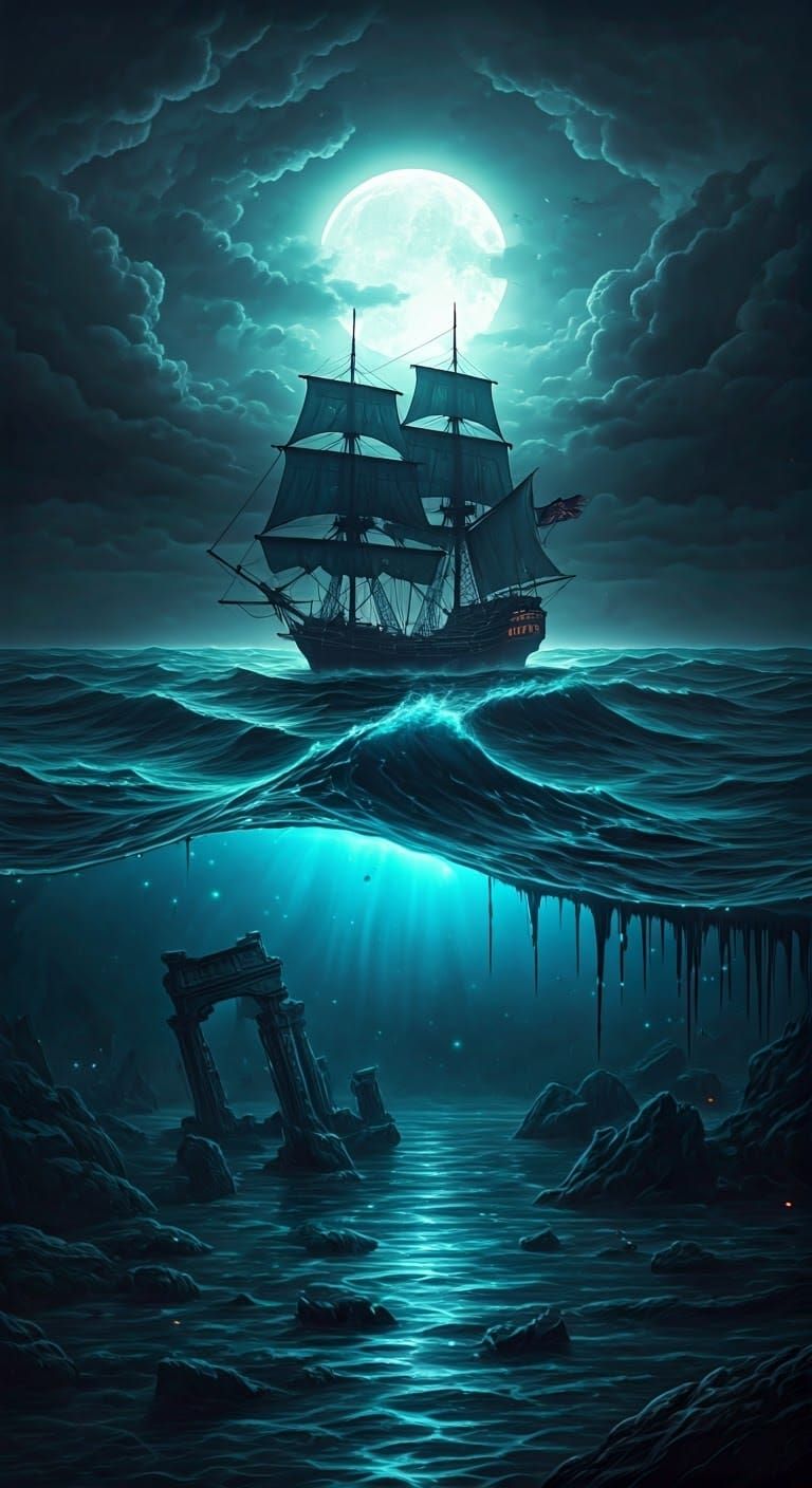 Stormy Dark Fantasy Ocean Scene with Ghostly Galleon