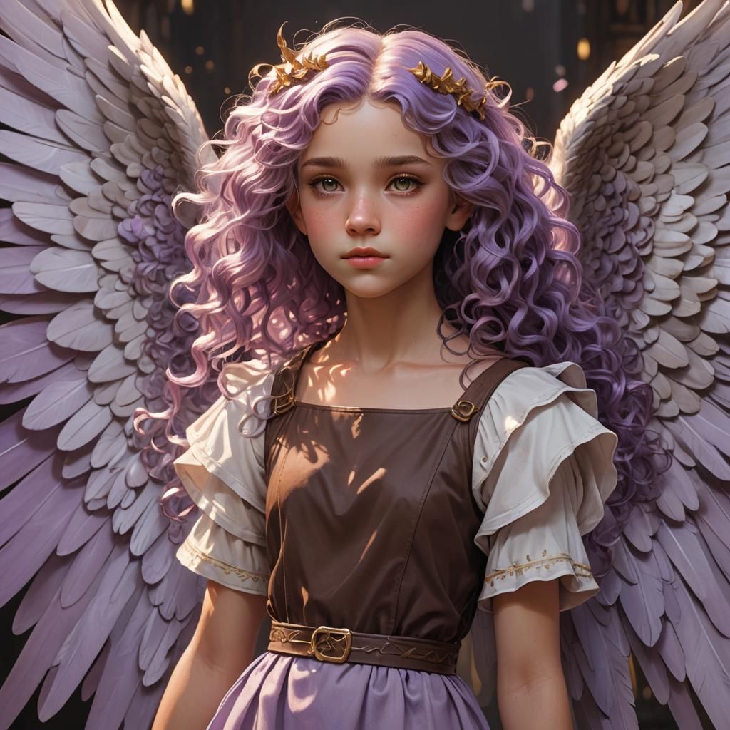 Lilac-Haired Angel Girl Portrait in Fantasy Style