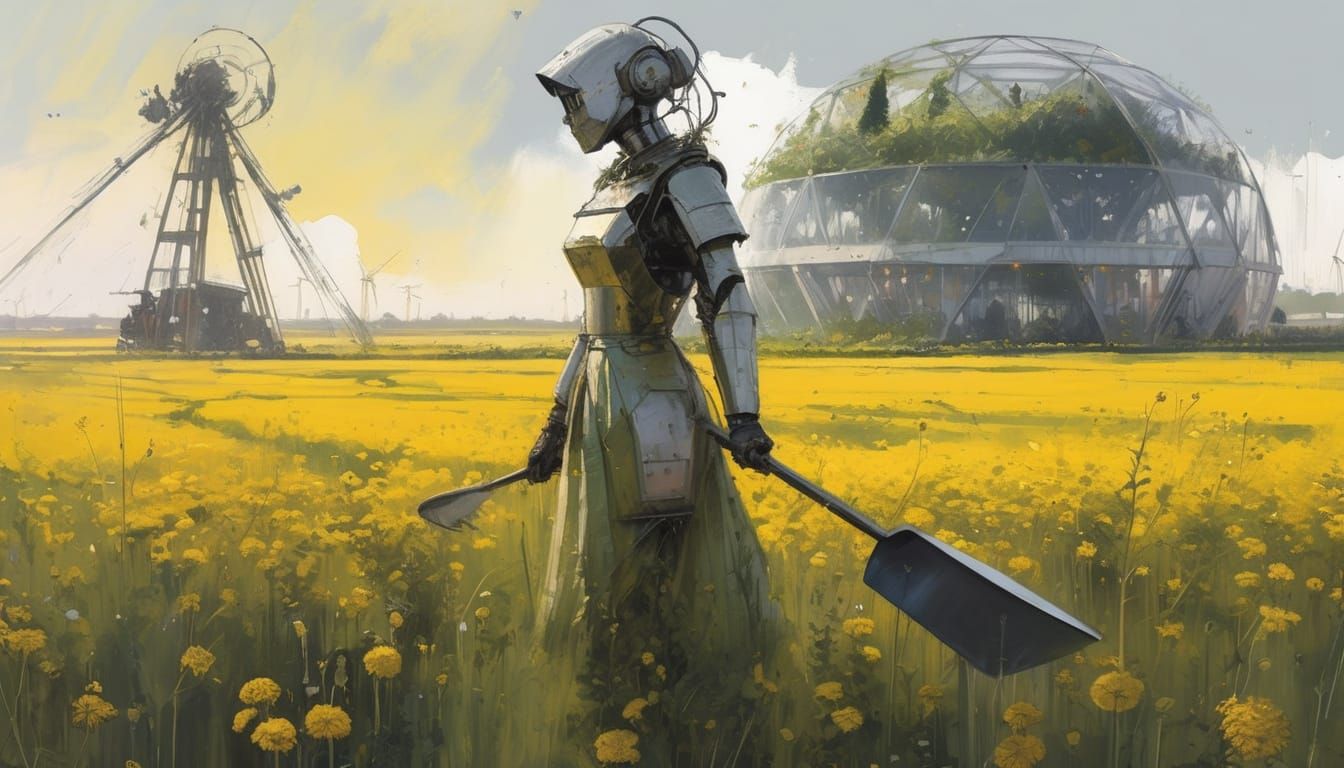 Cyberpunk Robot Farmer in Golden Fields