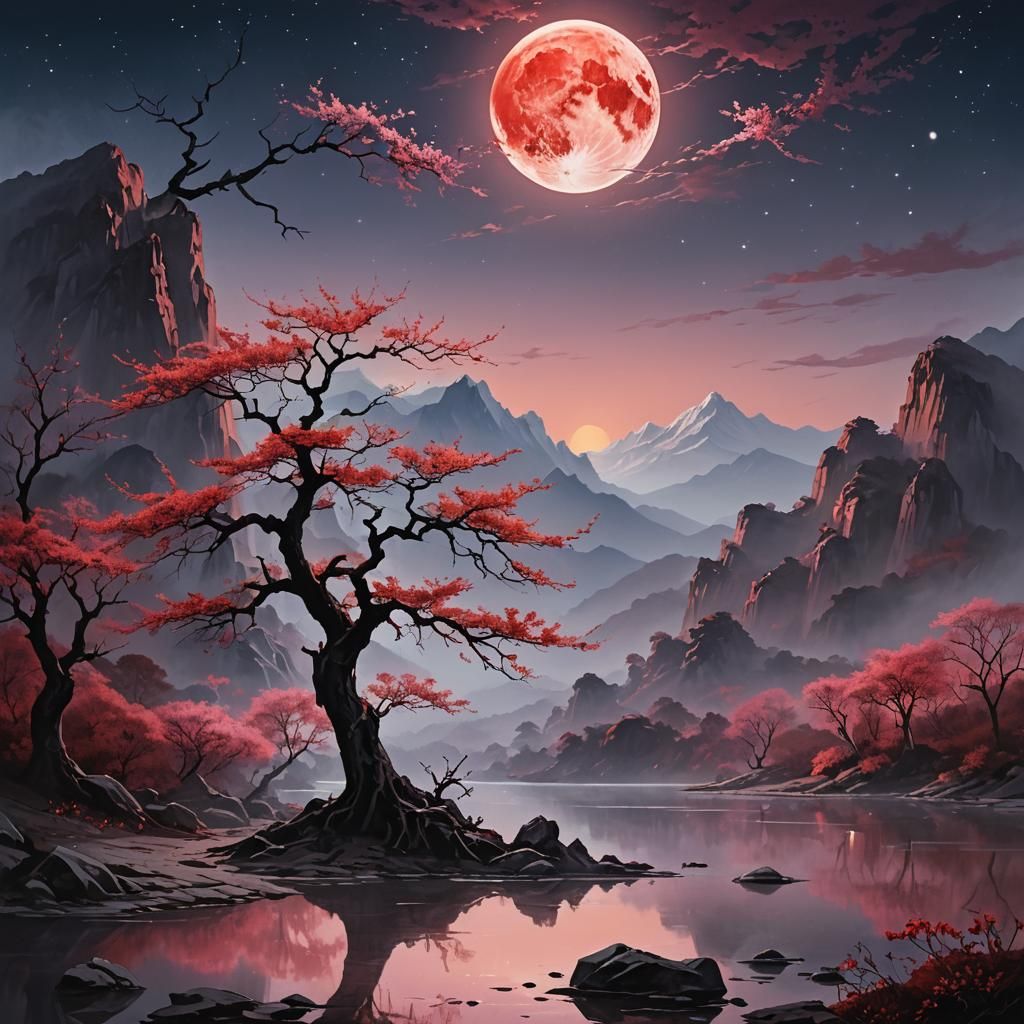 Red Moonlight Illuminates Mystical Landscape