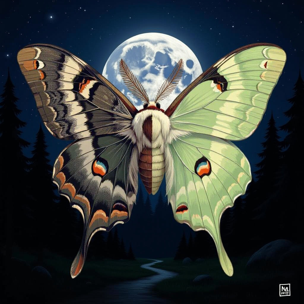 Hybrid Death Moth and Luna Moth Fusion