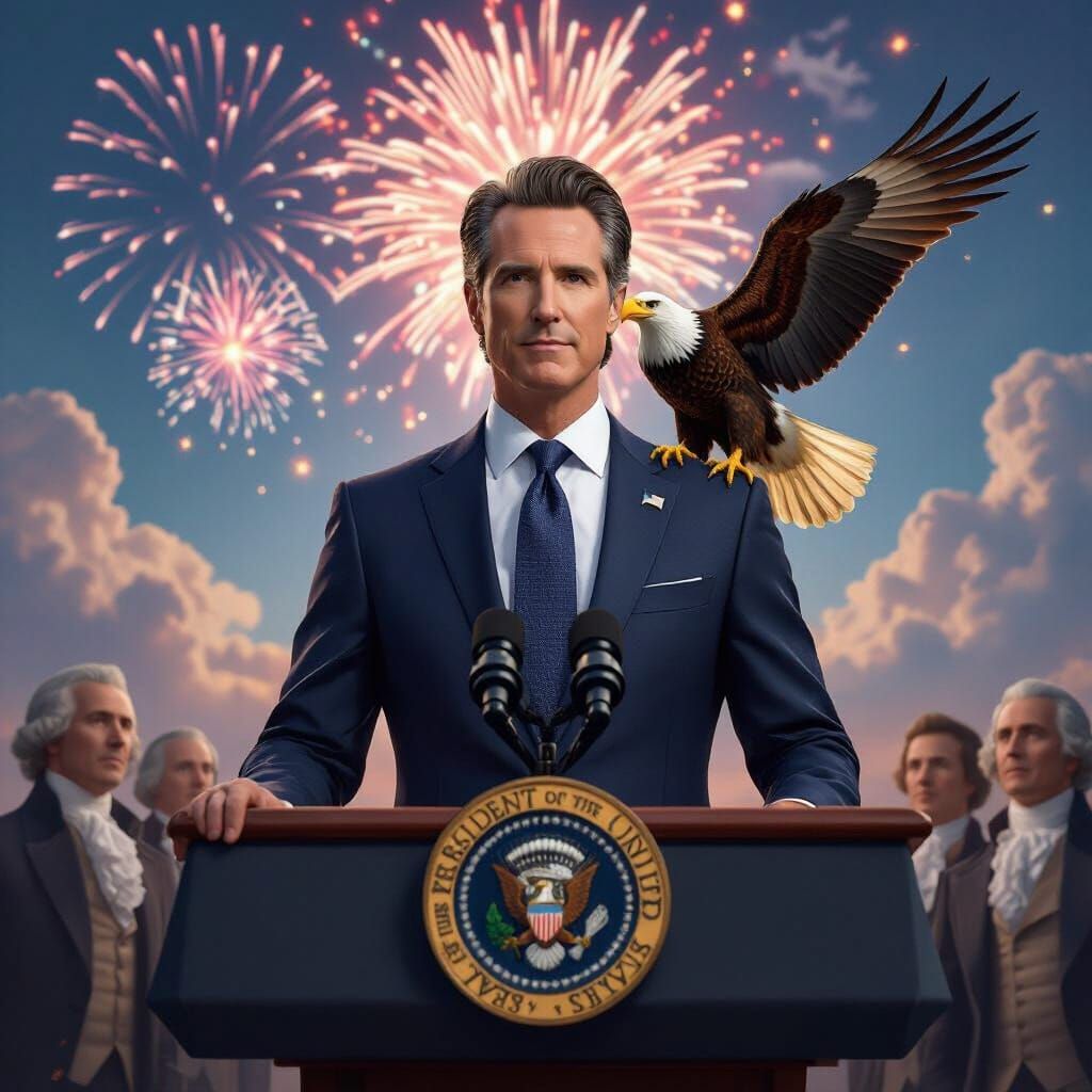 President Newsom With Eagle, Detailed Matte Painting