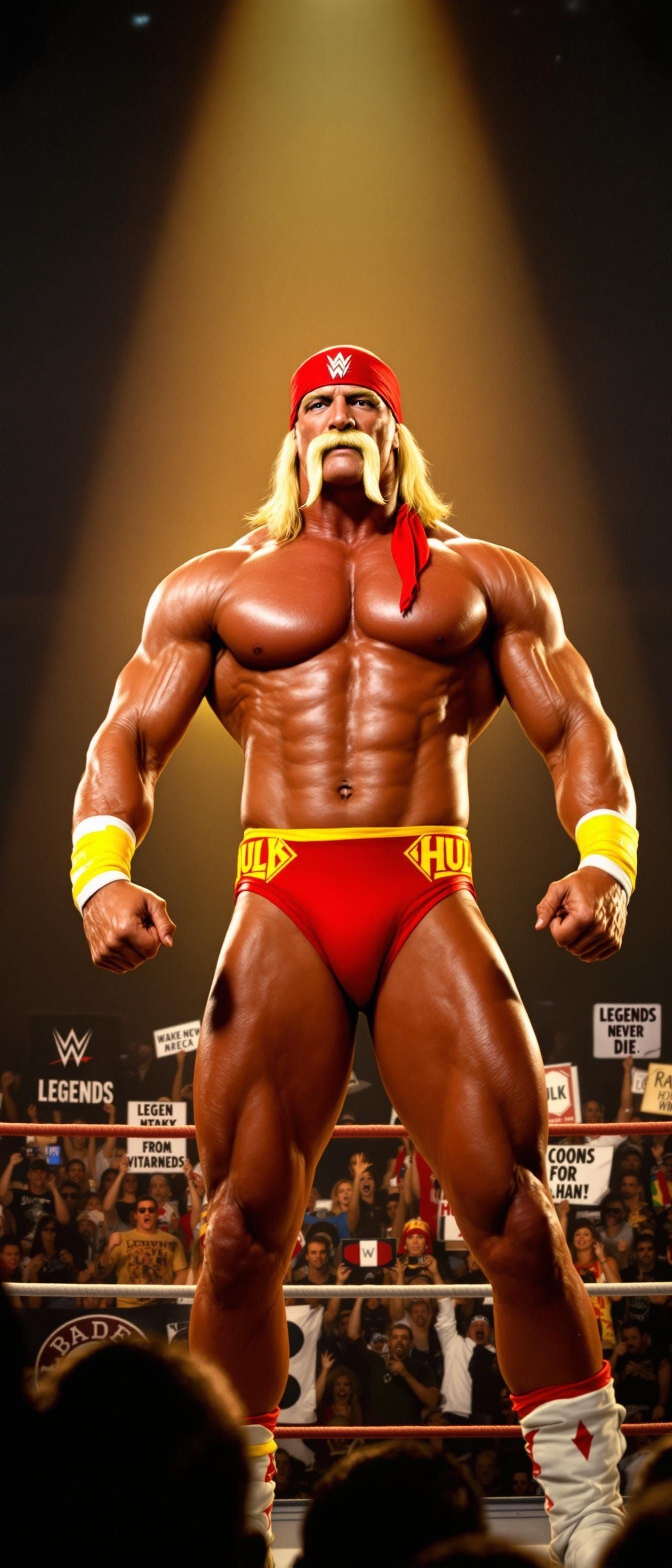 Hulk Hogan Flexing in Ring Surrounded by Fans