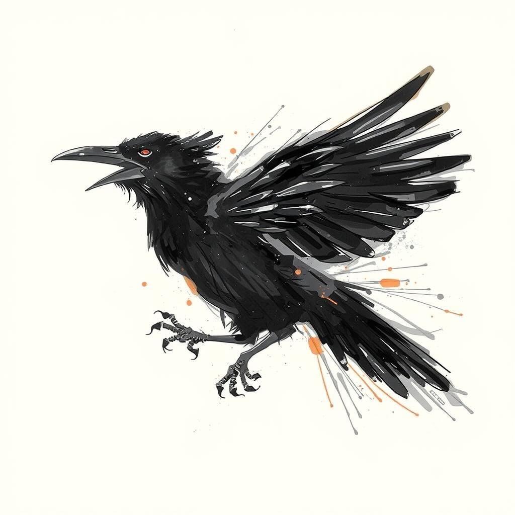 Abstract Flying Crow in Expressive Ink Art Style