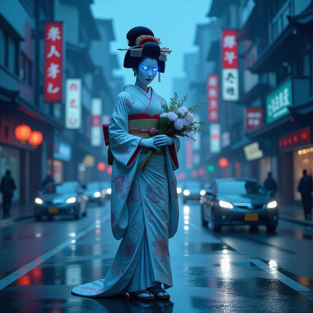 Cyberpunk Robot Geisha in Neon Cityscape