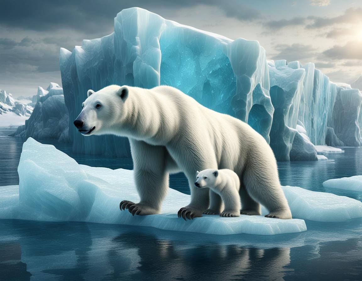Polar Bear Family on Glacial Ice, Photorealistic Image