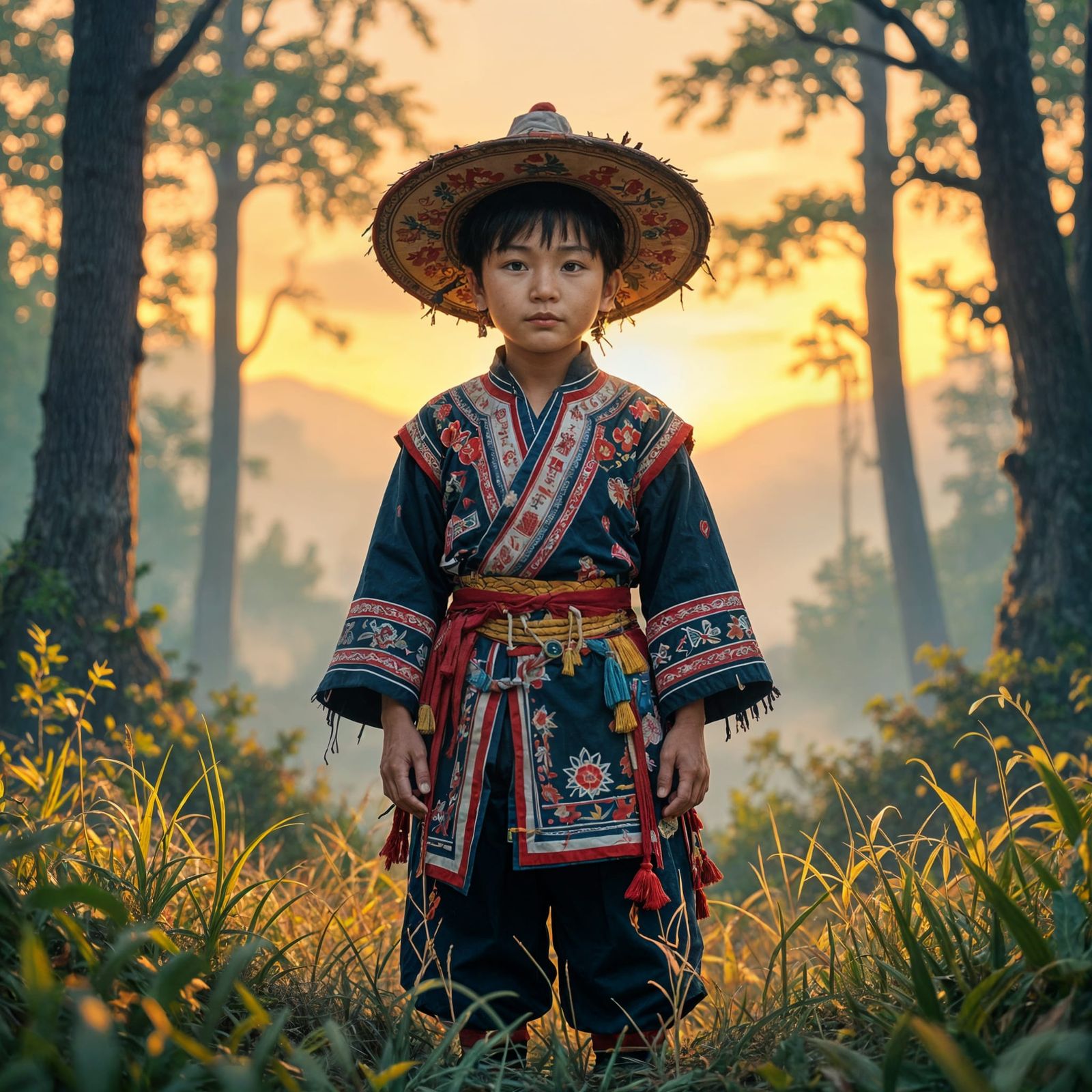 Hmong Boy in Traditional Costume at Sunset