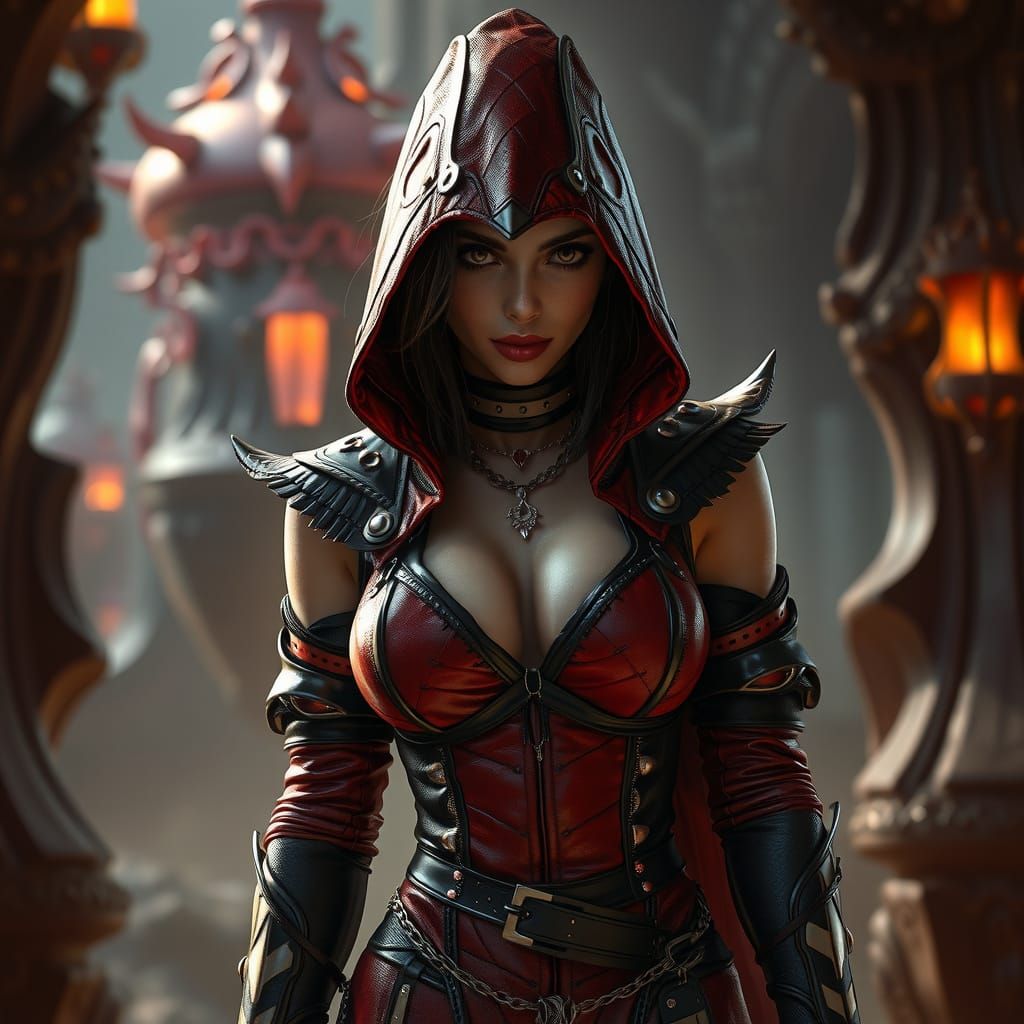 Voluptuous Assassin in Dark Fantasy Cyberpunk Style