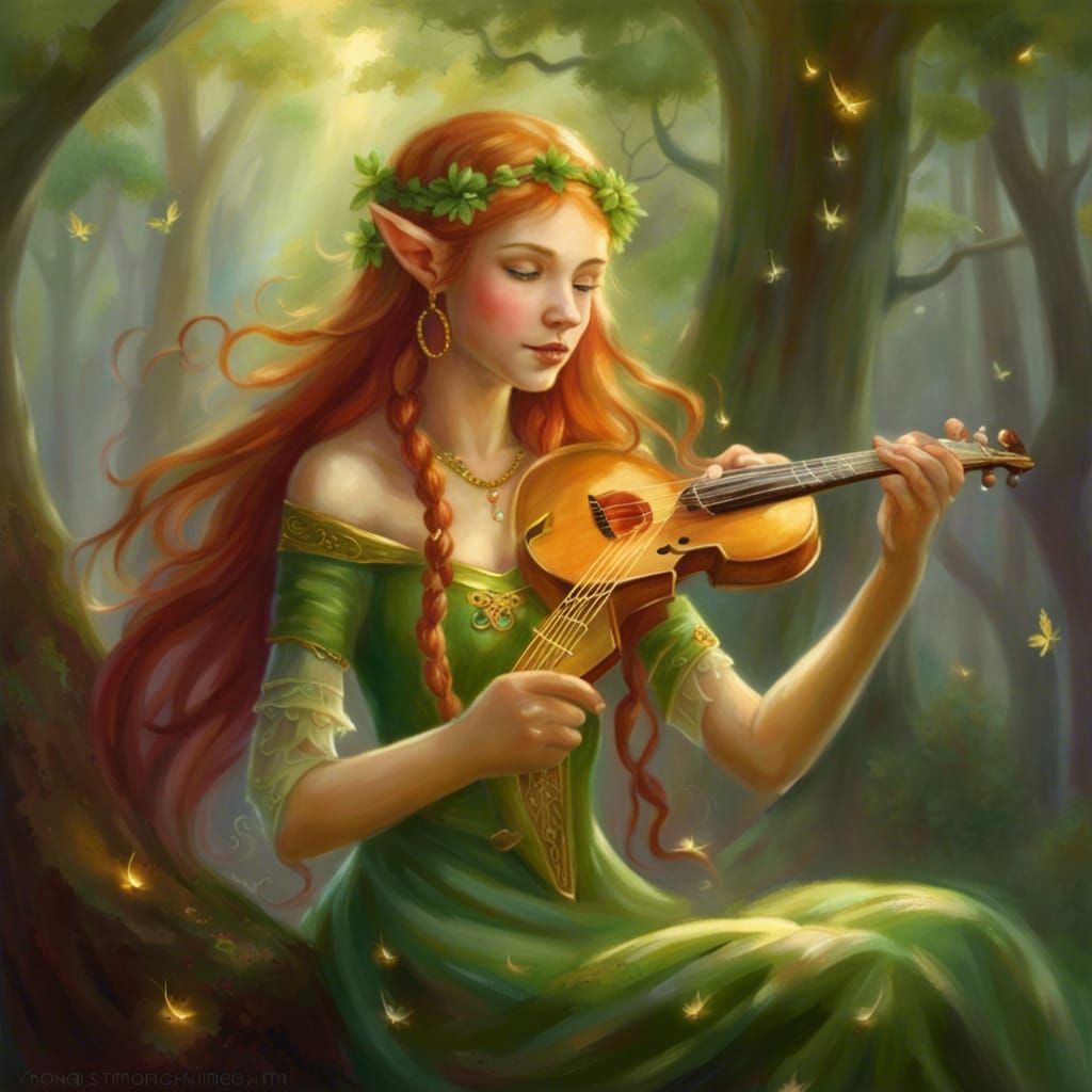 Teen Elf Girl Playing Lyre in Magic Forest
