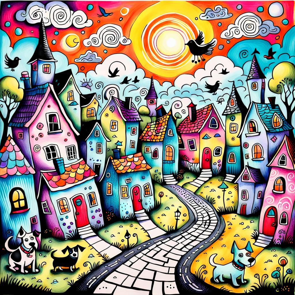Whimsical Pastel Village Doodle Art