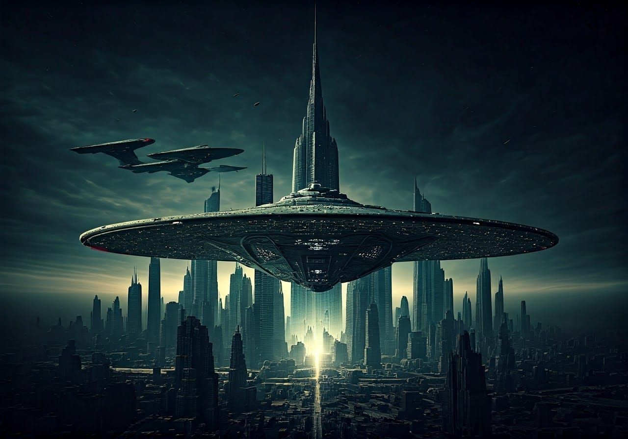 Gigantic Starship in Dystopian City: A Photorealistic Vision