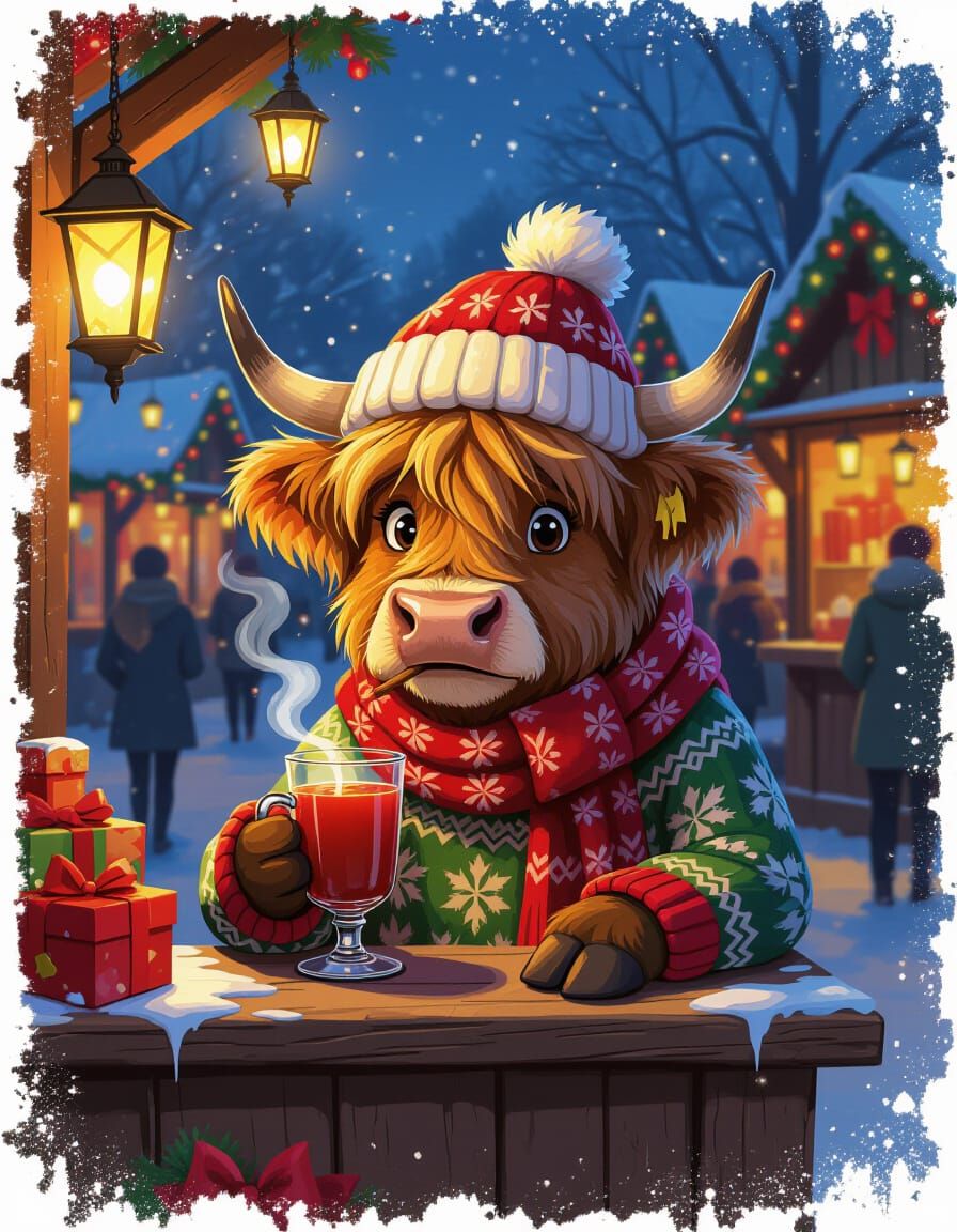 Cute Cow Enjoys Mulled Wine at Festive Christmas Market