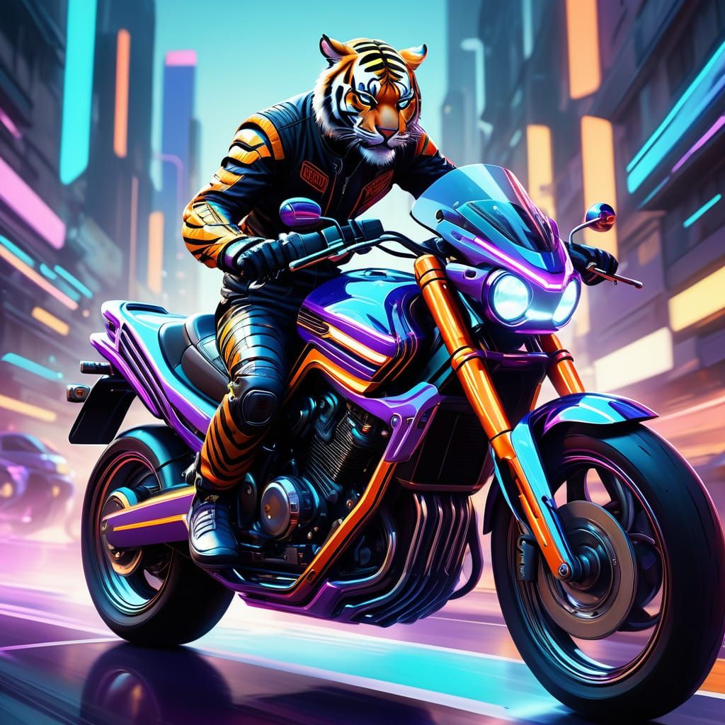 Cyberpunk Tiger Rider Speeds Through a Neon City