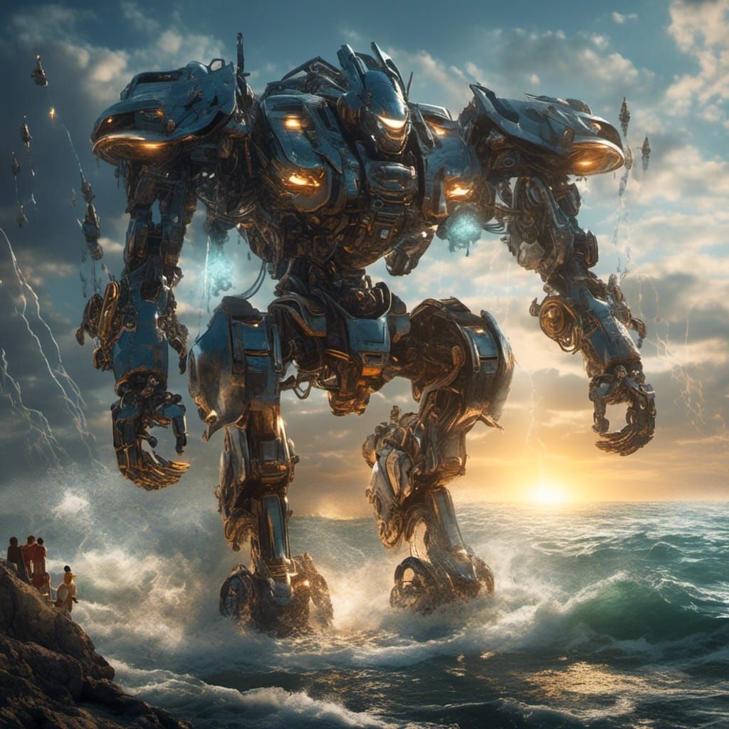 Battle-Mech on Metallic World in Science Fiction Style